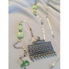 398 Long collier pendentif  chrysoprase, turquoise verte argent sterling